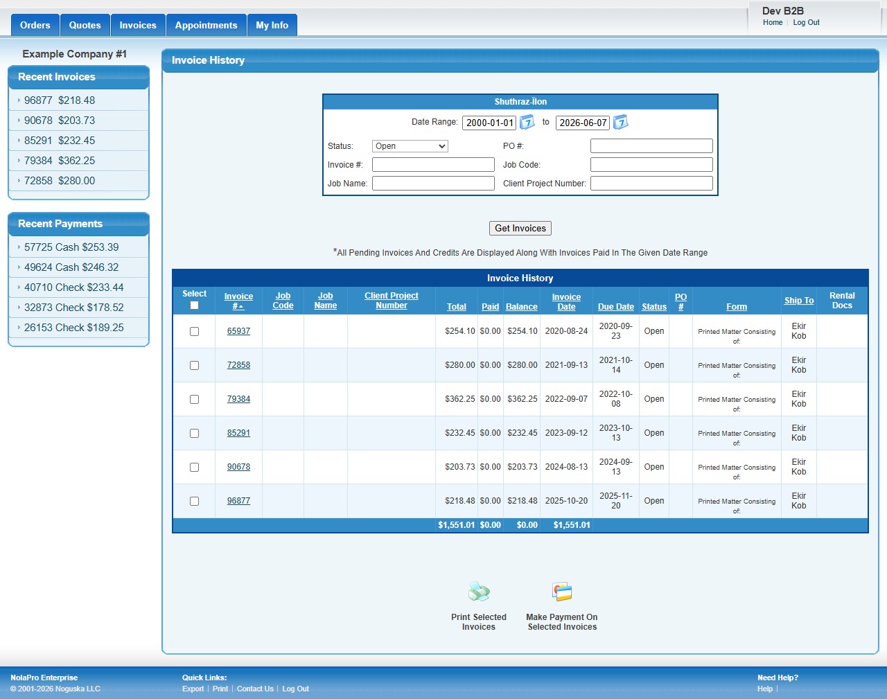B2B portal Invoice History