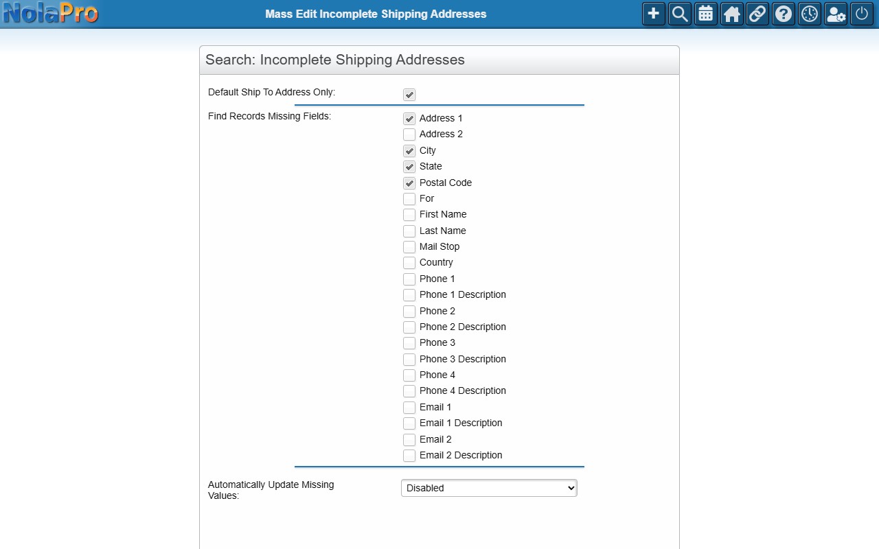 Mass Edit Incomplete Shipping Addresses search form