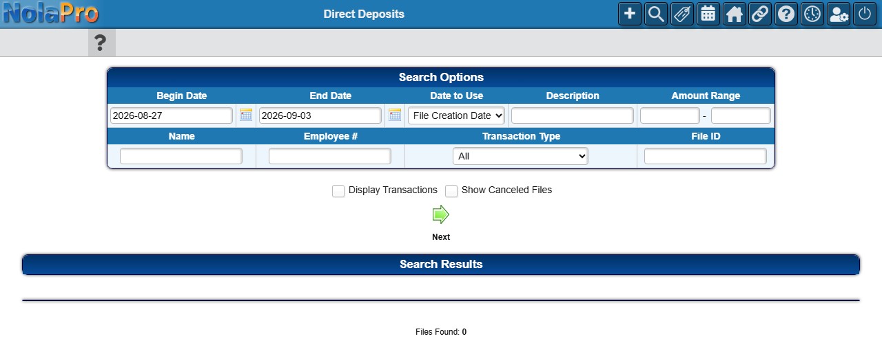 Direct Deposits report - search options