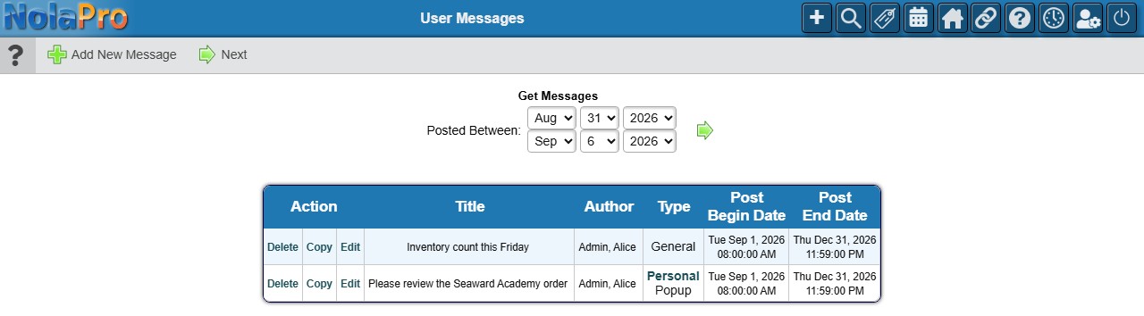 User Messages list