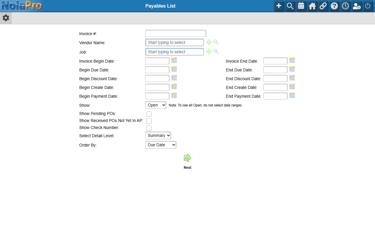 Payables List report filters