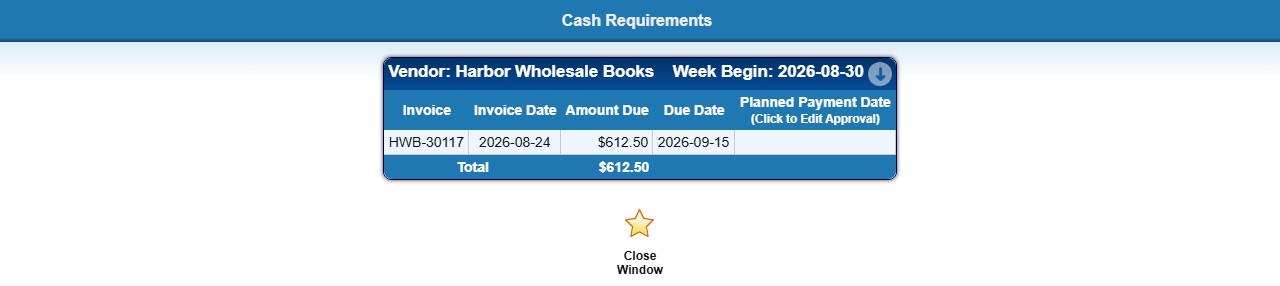 Cash Requirement Details for one vendor and week