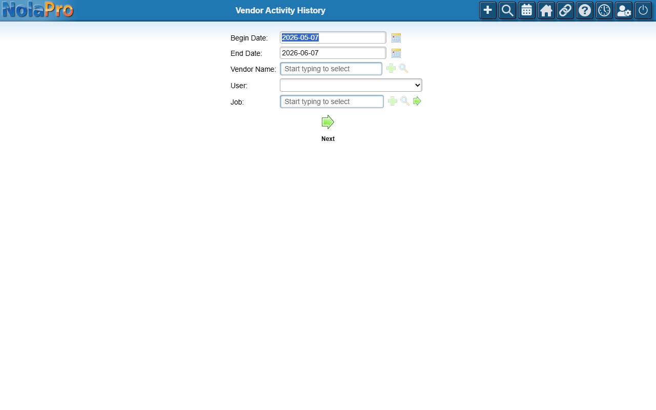 Vendor Activity History filters