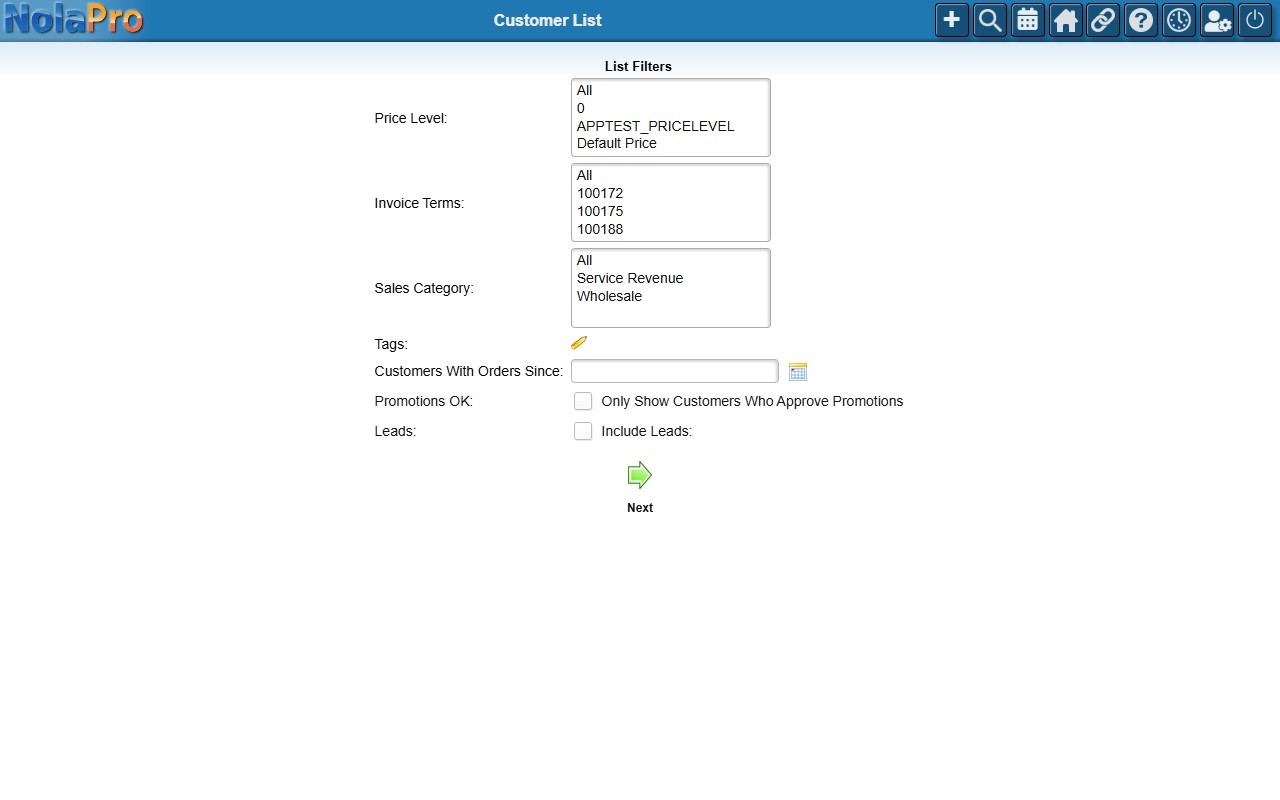 Customer List filters