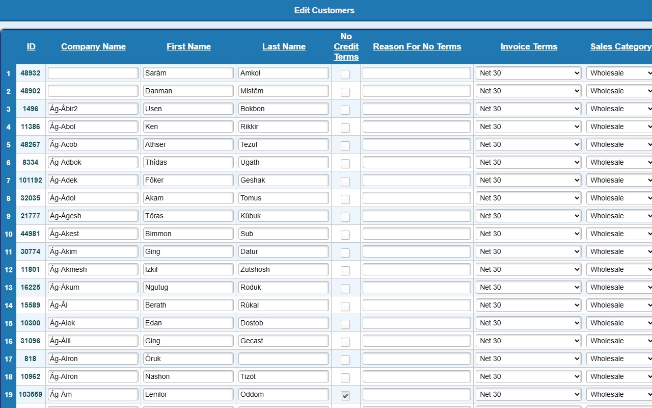 Edit Customers mass-edit grid