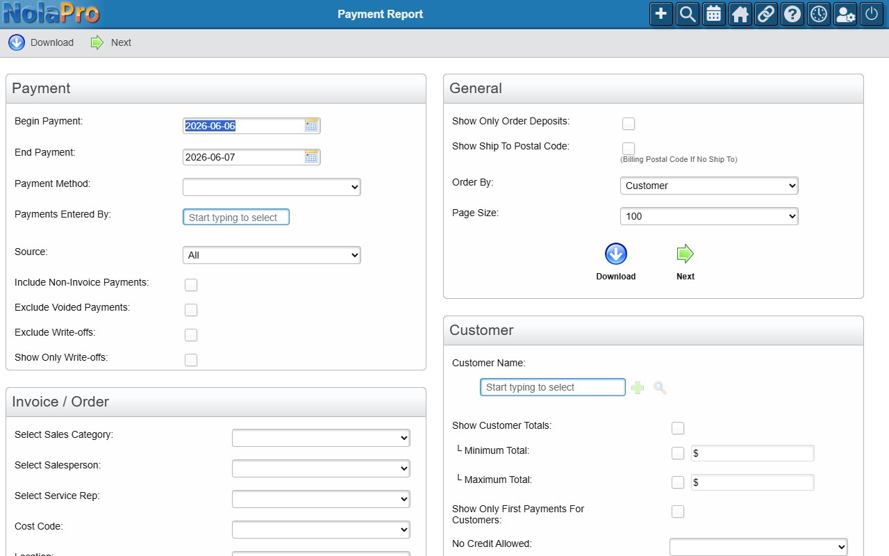 Payment Report options