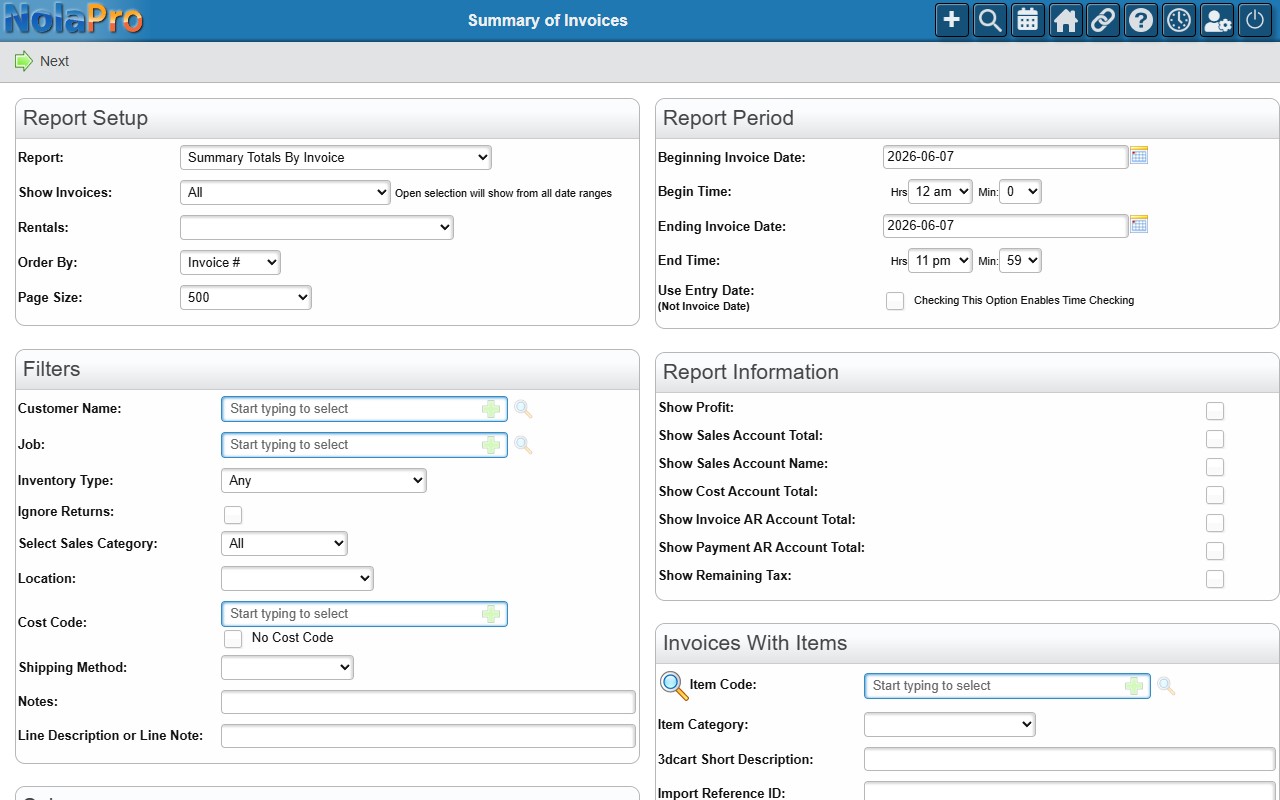 Summary of Invoices report options