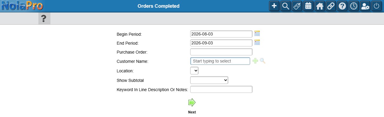 Orders Completed - report options