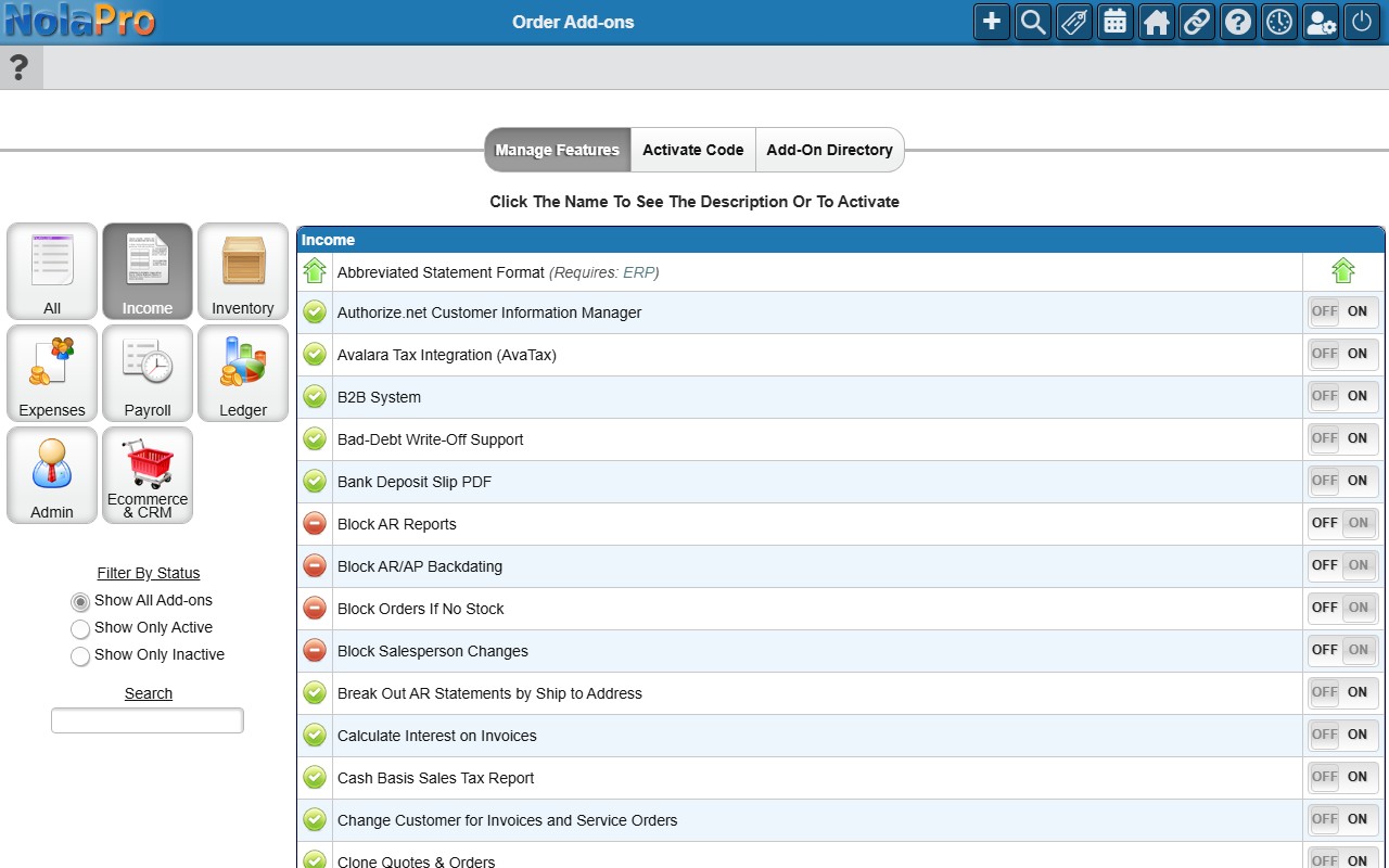 Add-ons - Manage Features tab