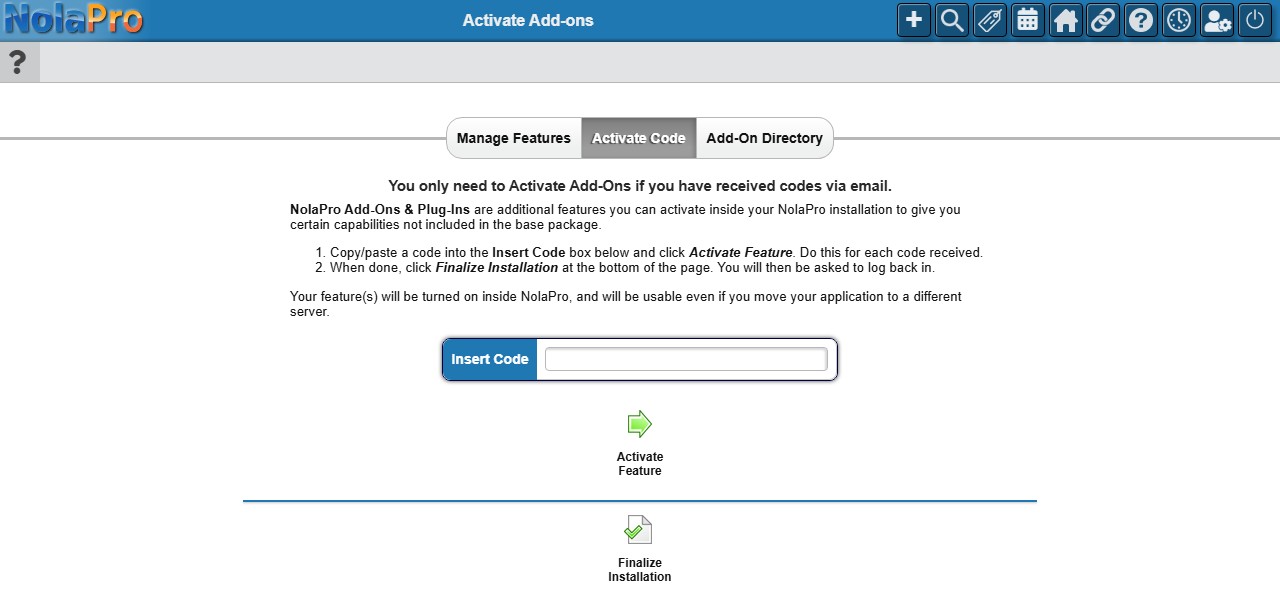 Add-ons - Activate Code tab