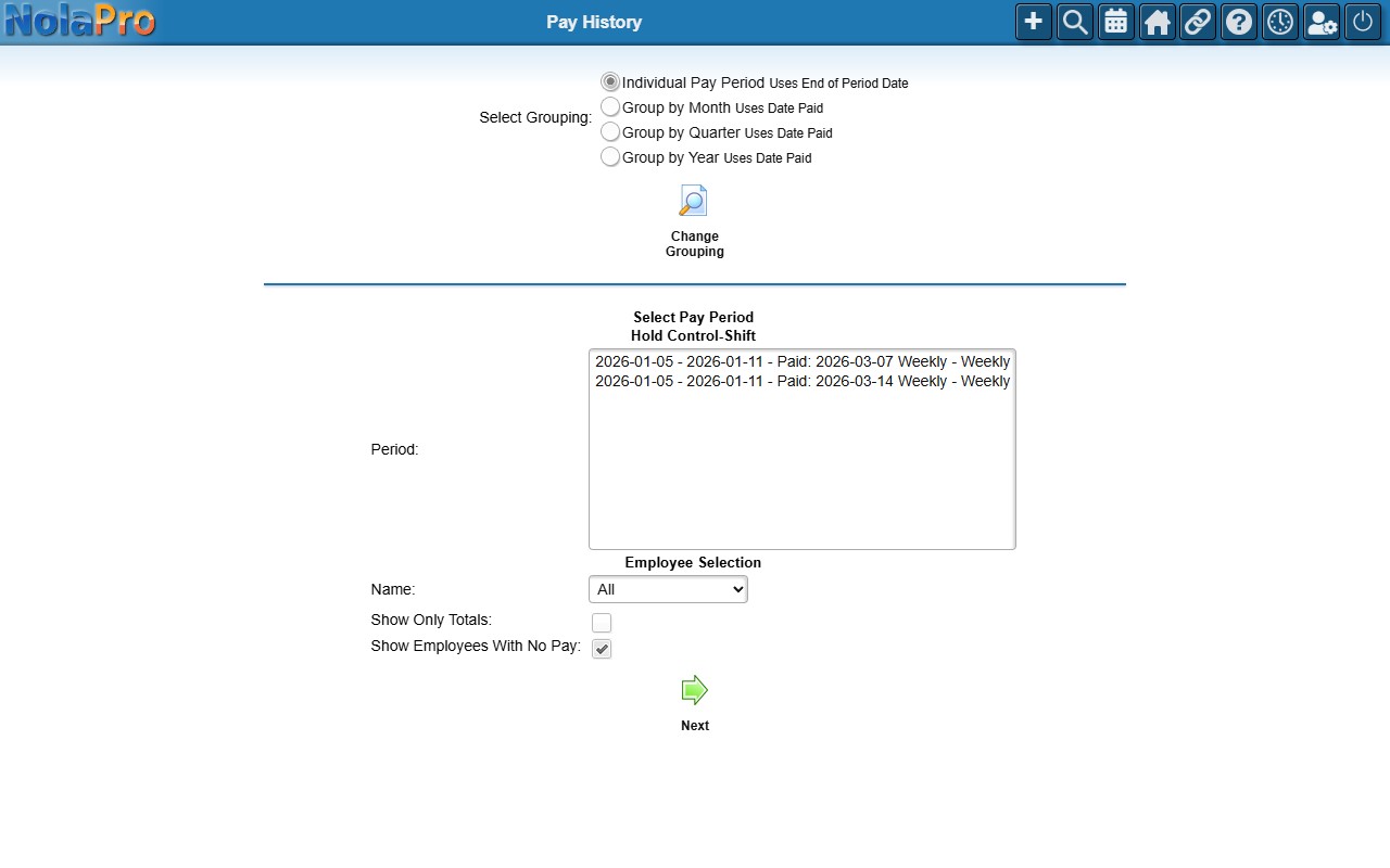 Pay History report options