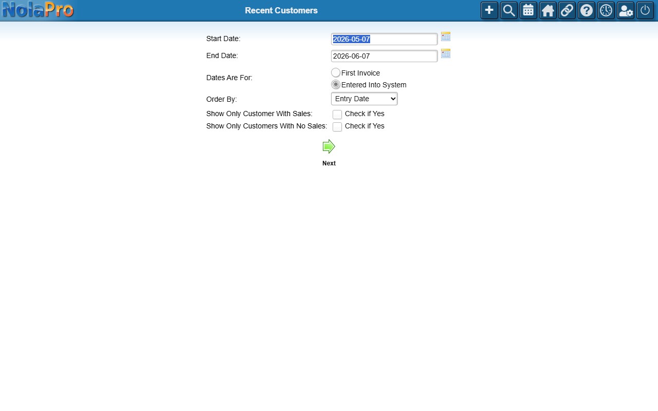 Recent Customers filters