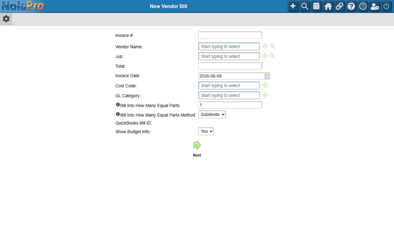 Vendor Bill Header