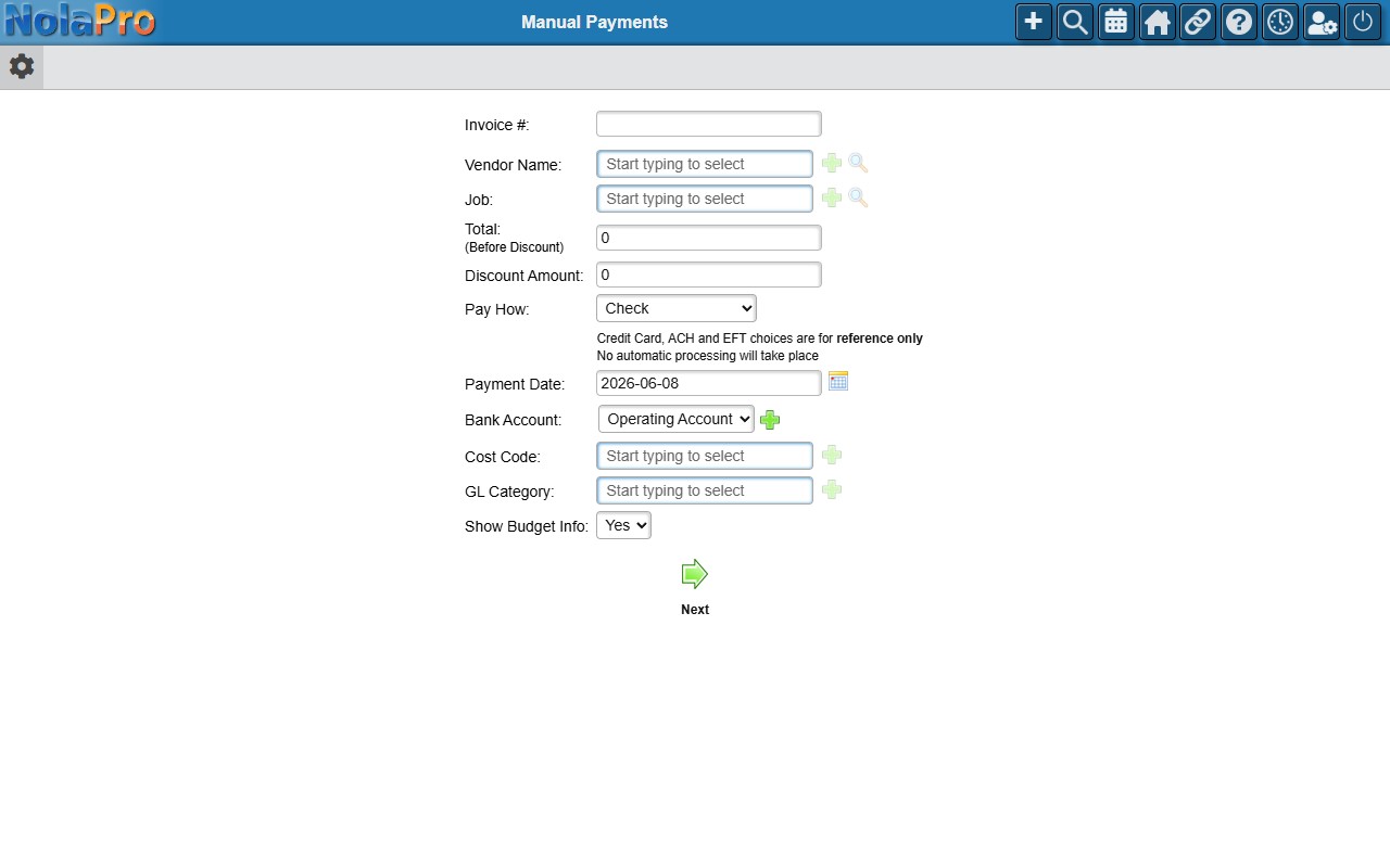 Manual Payment Header