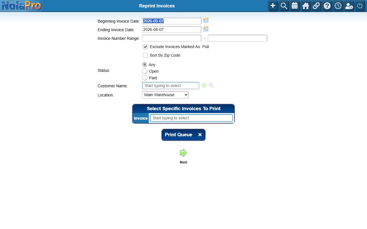 Reprint Invoices — Filter Form