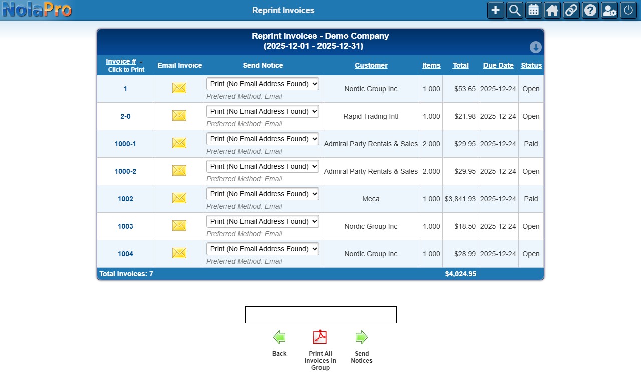 Reprint Invoices — Result List
