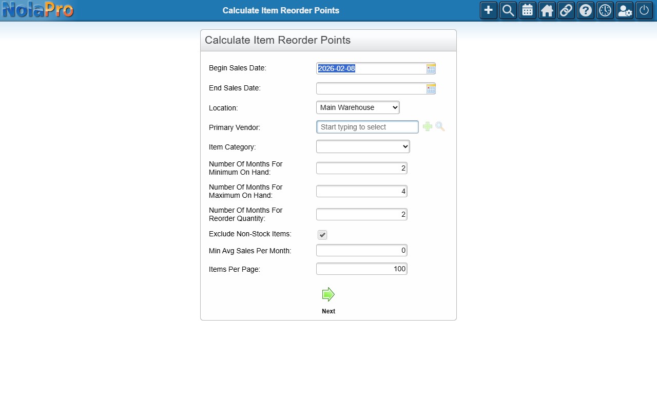 Calculate Item Reorder Points filter form