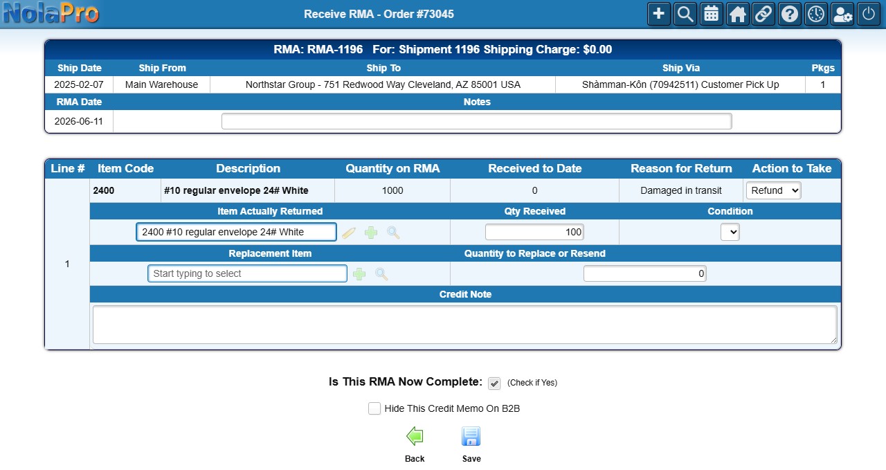 Receive RMA - record returned quantity and generate the credit