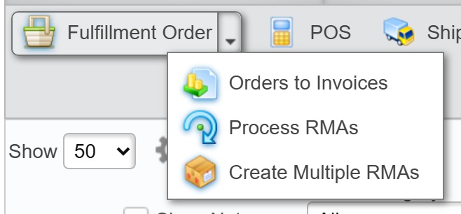 Orders - Fulfillment Order dropdown showing Process RMAs
