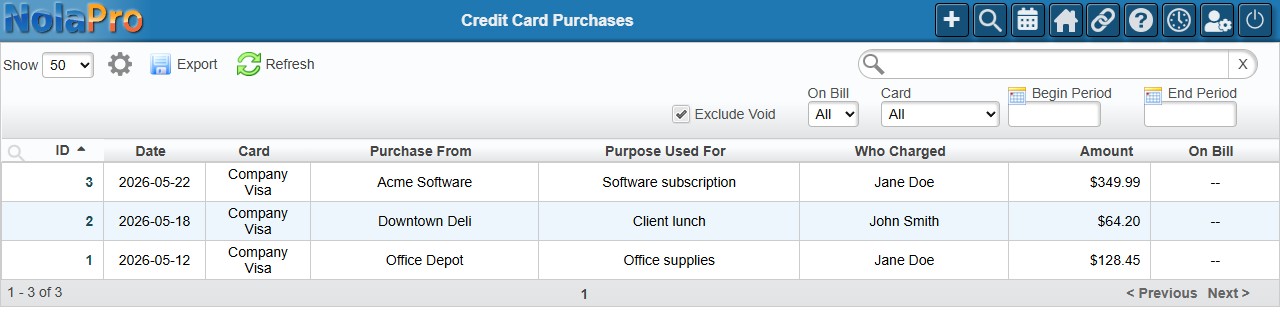 Credit Card Purchases Table