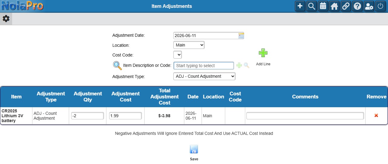 Item Adjustments entry form with an example queued line