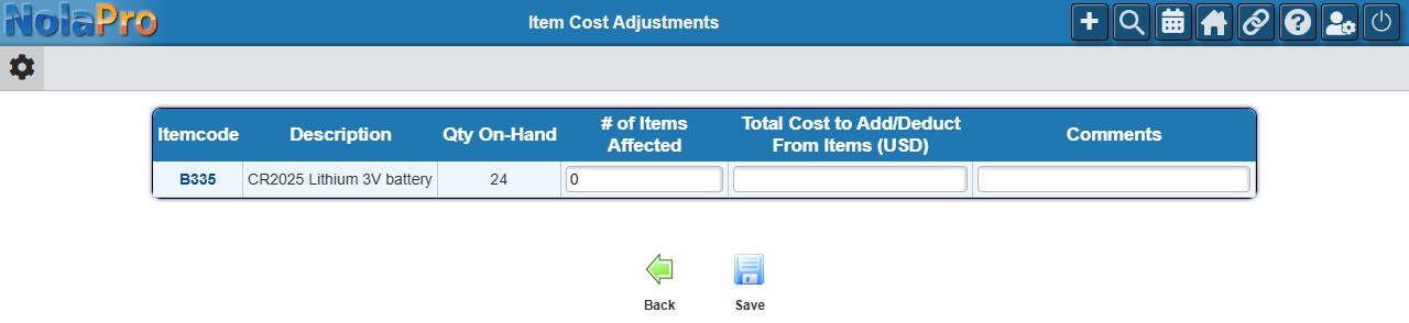 Item Cost Adjustments entry form