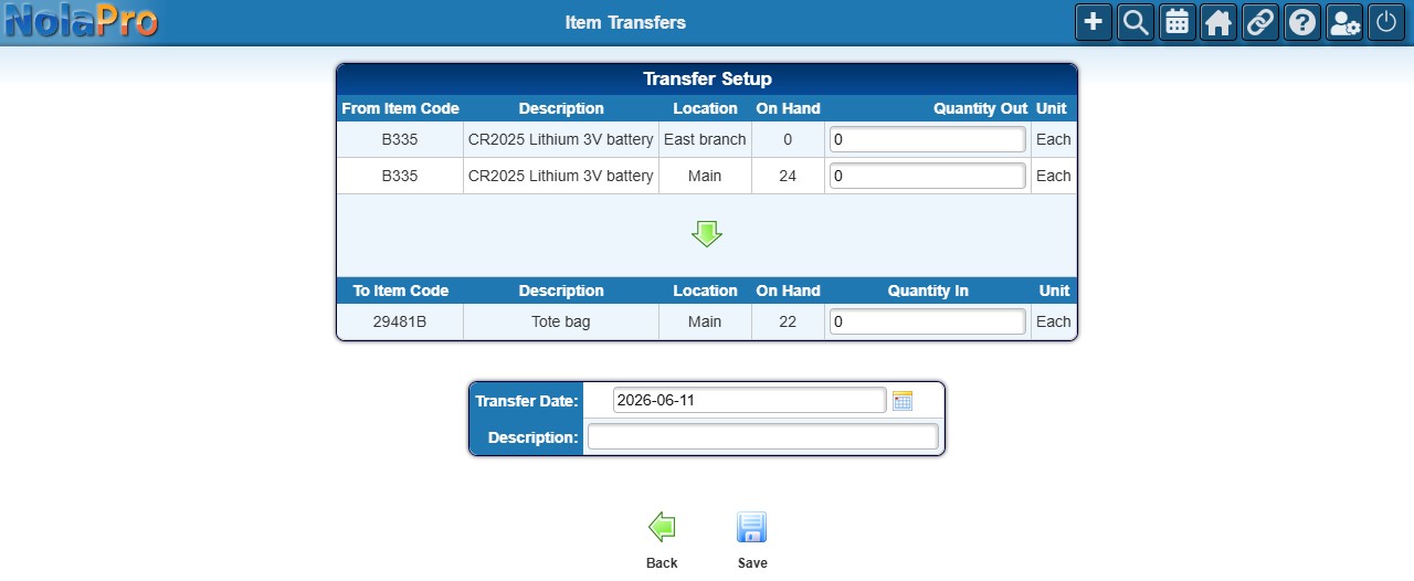 Item Transfers quantity entry — Transfer Setup