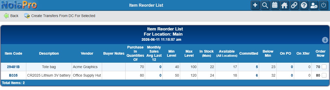 Item Reorder List - Items Needing Reorder results