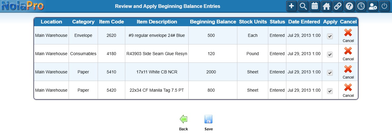 Review and Apply Beginning Balance Entries - pending entries with Apply checkboxes