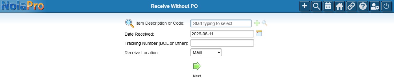 Receive Without PO - item and date selection