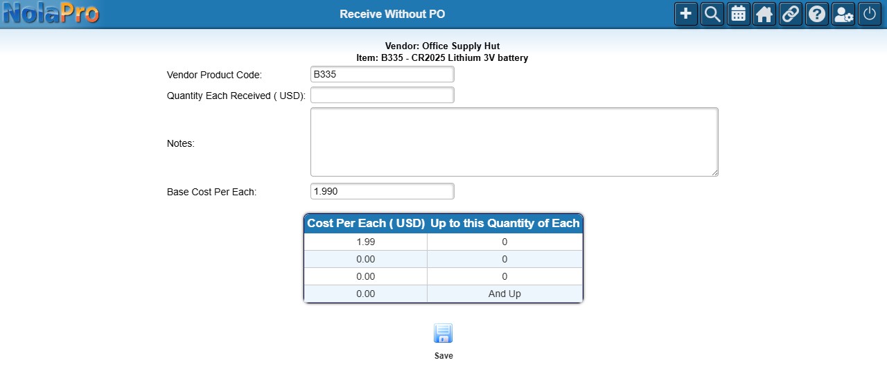 Receive Without PO - receipt entry