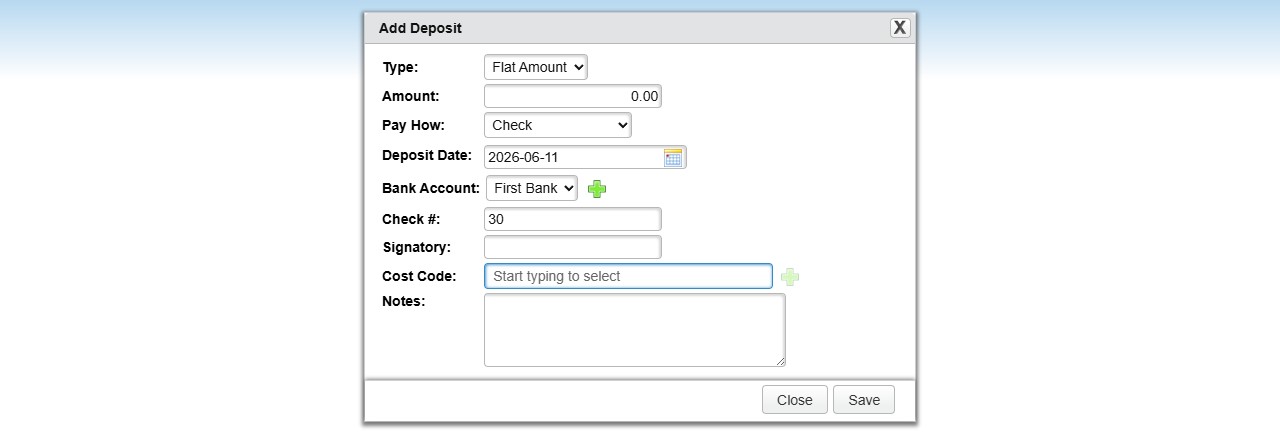 Add Deposit dialog on the Purchase Order edit page