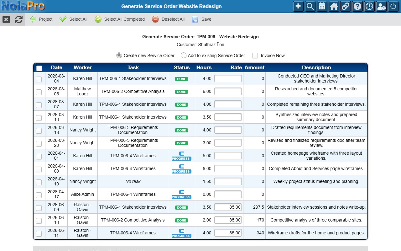 Generate Service Order selection table