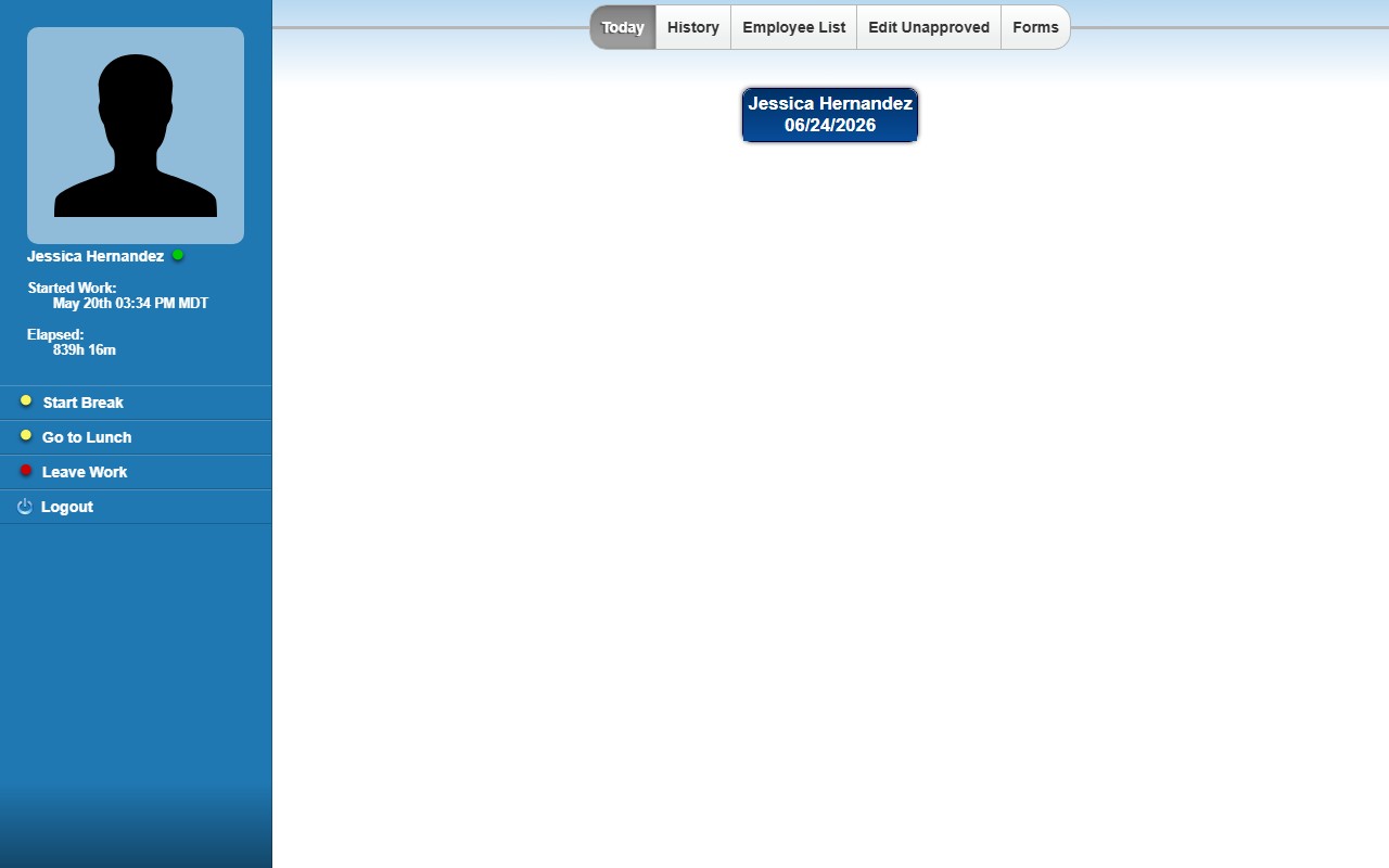 Time Clock Kiosk - Today tab with clock action buttons