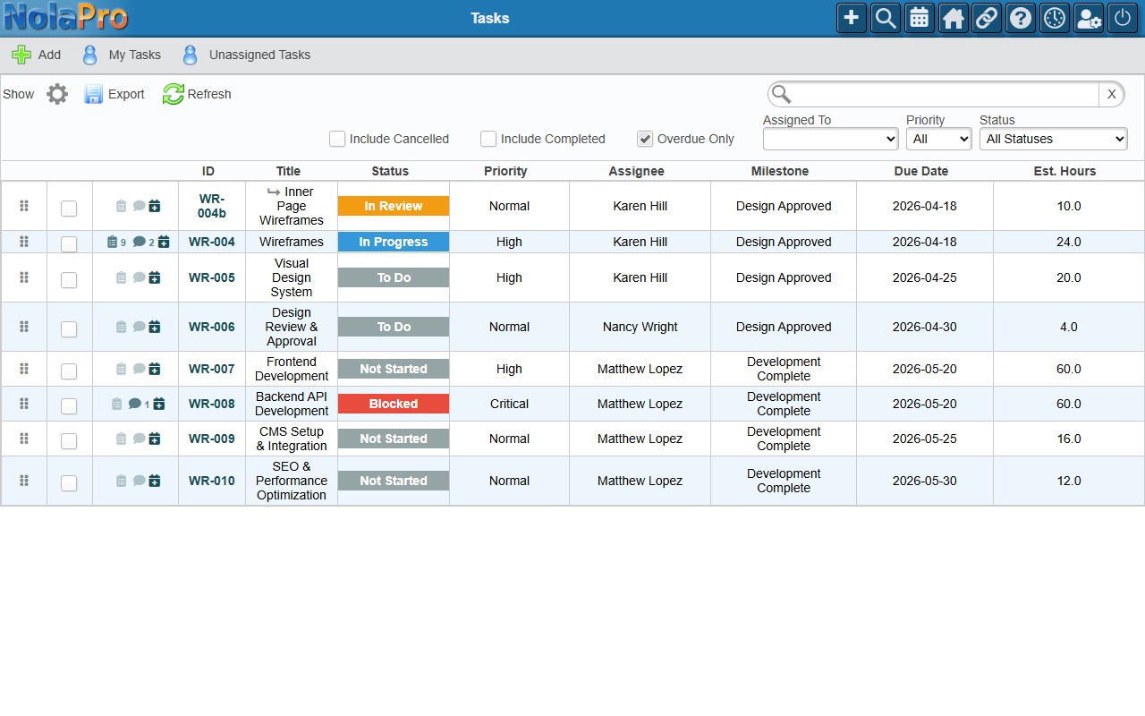 NolaPro task list with checkboxes selected and bulk action toolbar visible