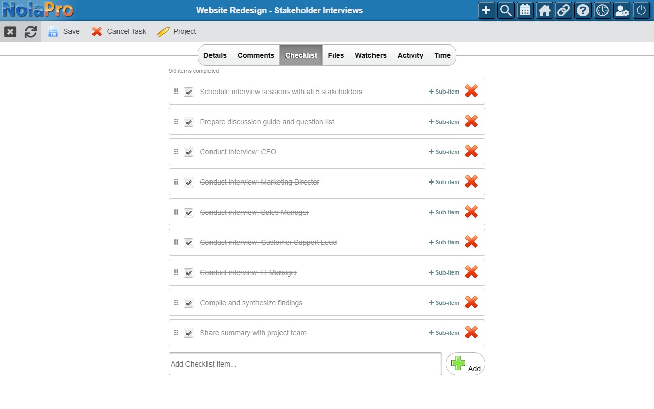 NolaPro task Checklist tab showing to-do items with checkboxes, drag handles, and completion progress indicator