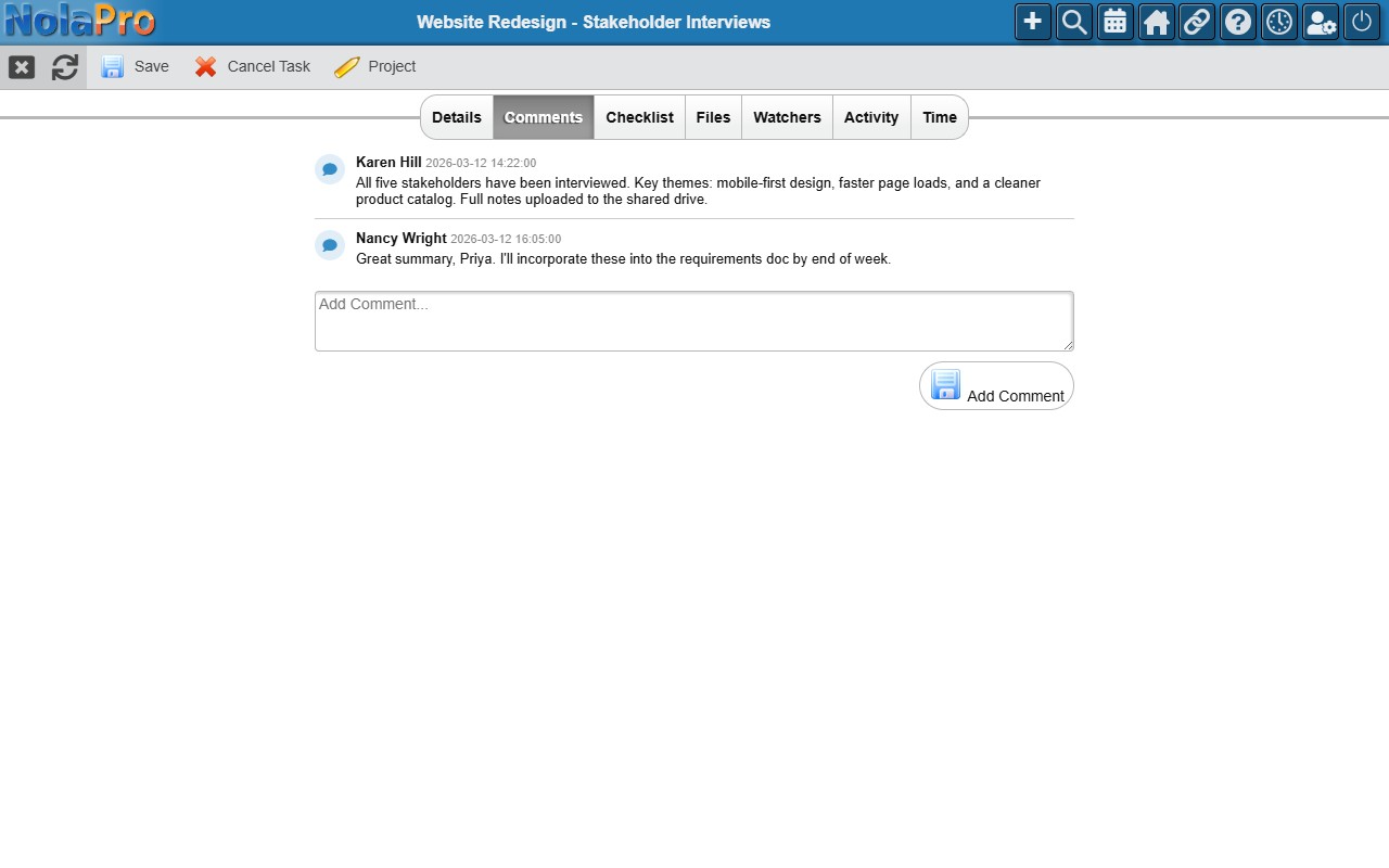 NolaPro task Comments tab showing threaded comment feed and Add Comment text area