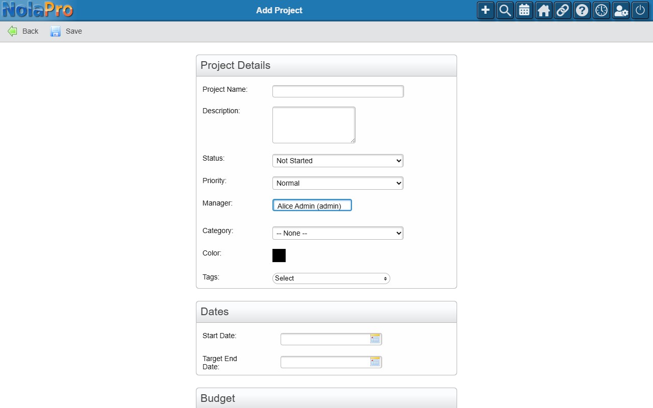 NolaPro Add Project form showing Project Details, Dates, and Budget field groups