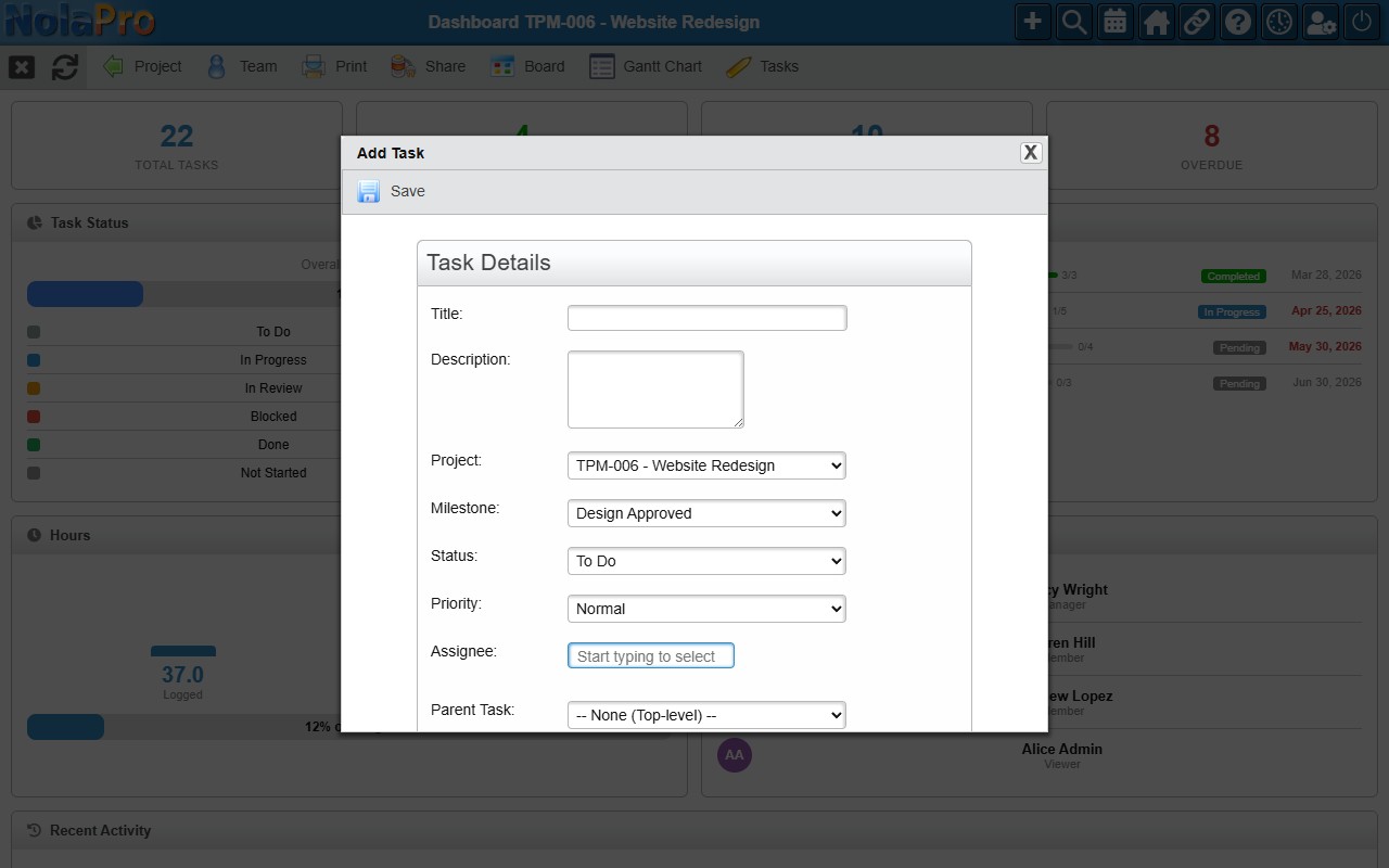 NolaPro project dashboard with the Add Task popup open, project and milestone filled in