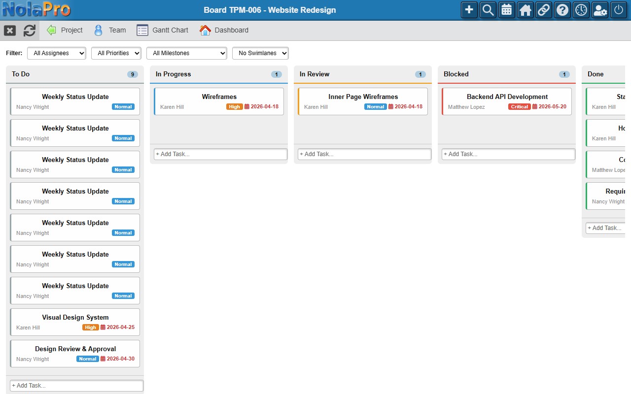 NolaPro Team Project Management Kanban board showing task cards organized in status columns