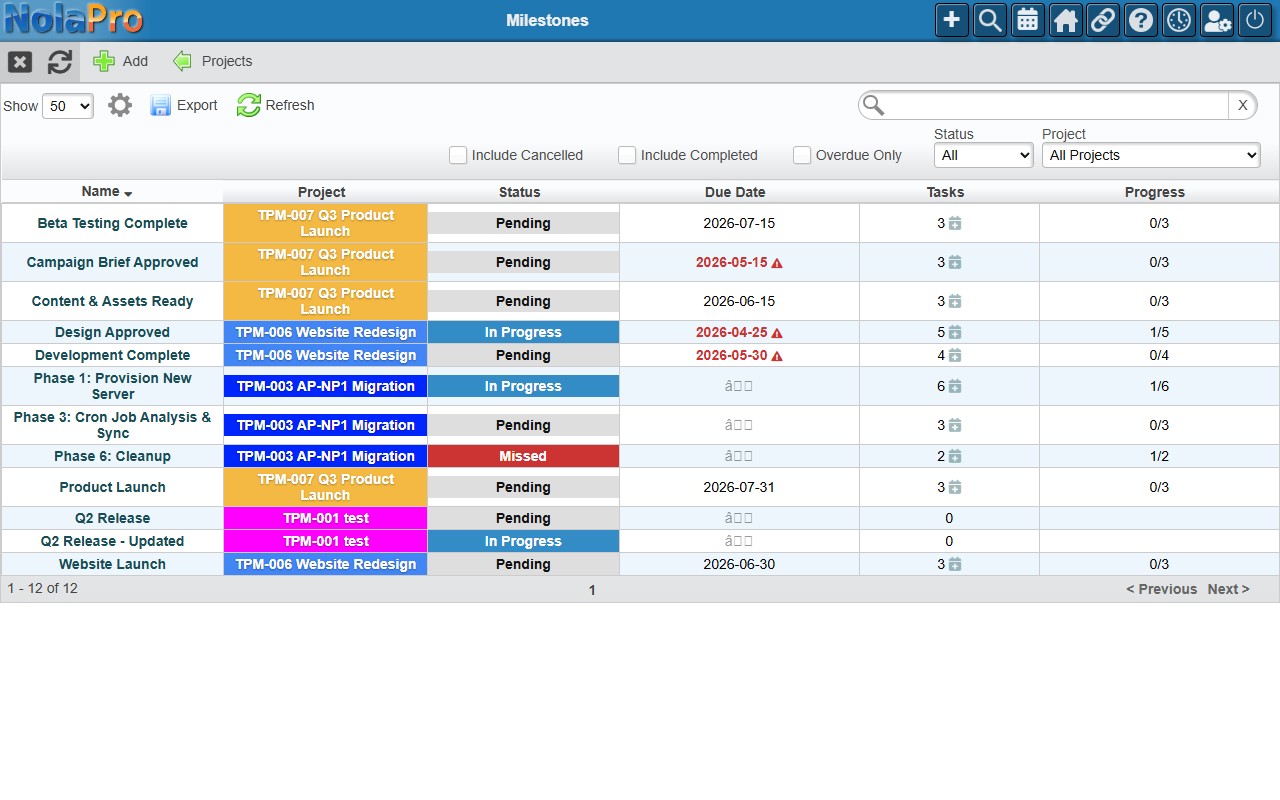 NolaPro milestone list showing status badges, due dates, and task progress bars