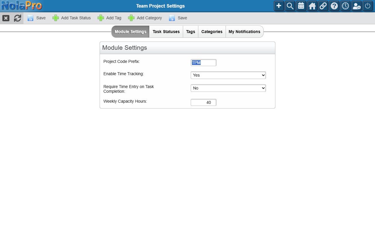 NolaPro Team Project Management module settings page showing configuration options