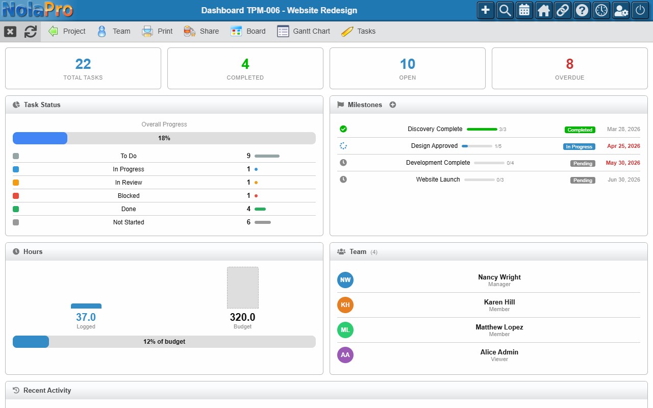 NolaPro Team Project Management homepage with project sidebar and dashboard showing stat boxes and task list