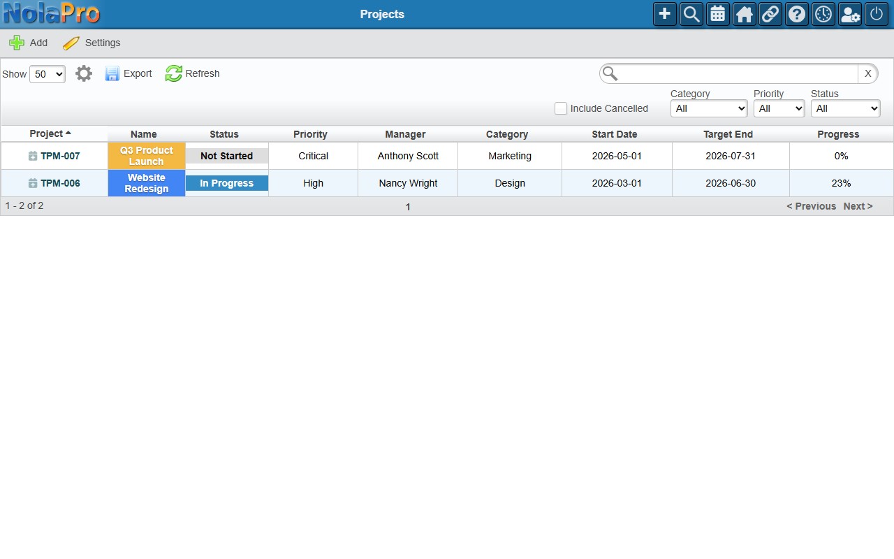 NolaPro Team Project Management project list showing progress bars and inline-edit fields