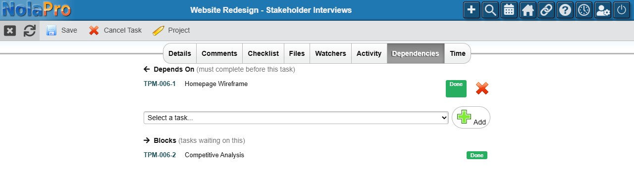 NolaPro task Dependencies tab showing a Depends On predecessor and a Blocks dependent, with the add-dependency dropdown