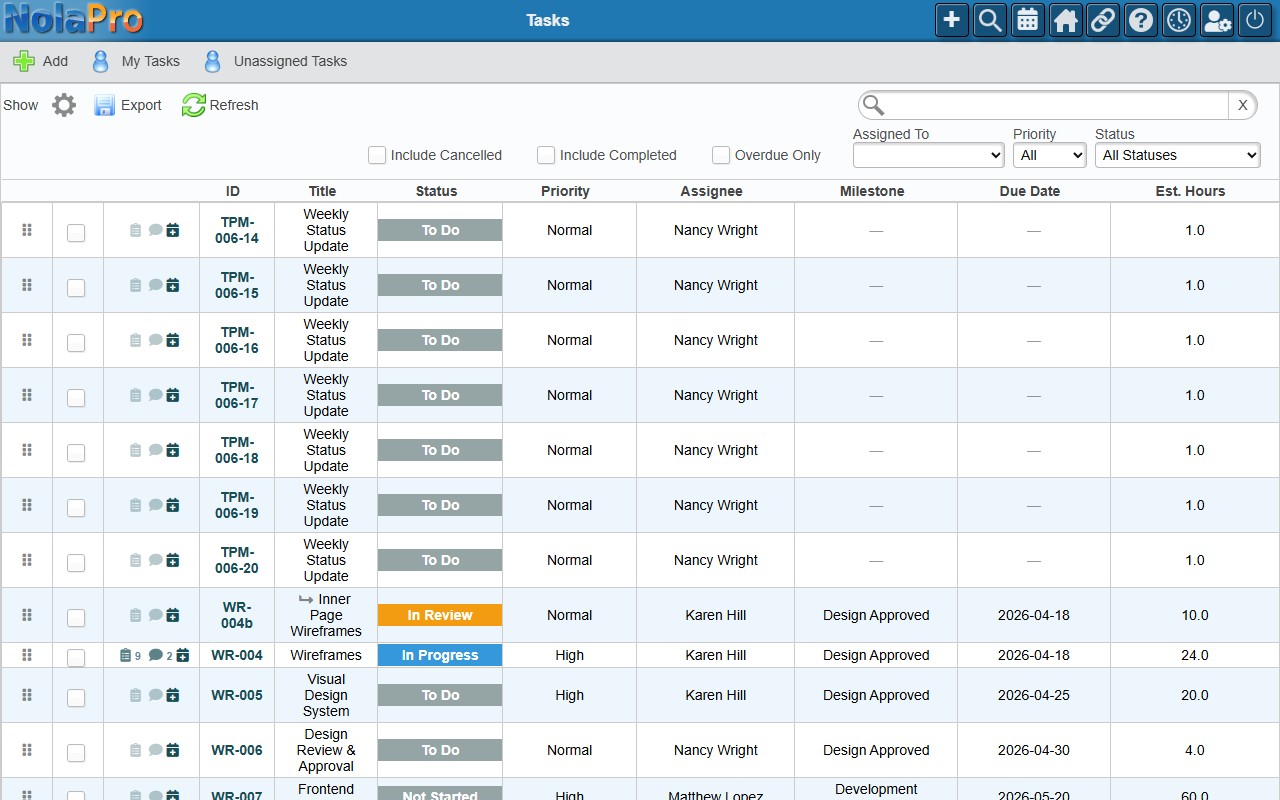 NolaPro task list DataTable showing status badges, priority indicators, and filter bar