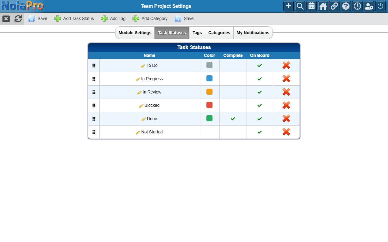 NolaPro task status list with color swatches, drag handles, and completion settings