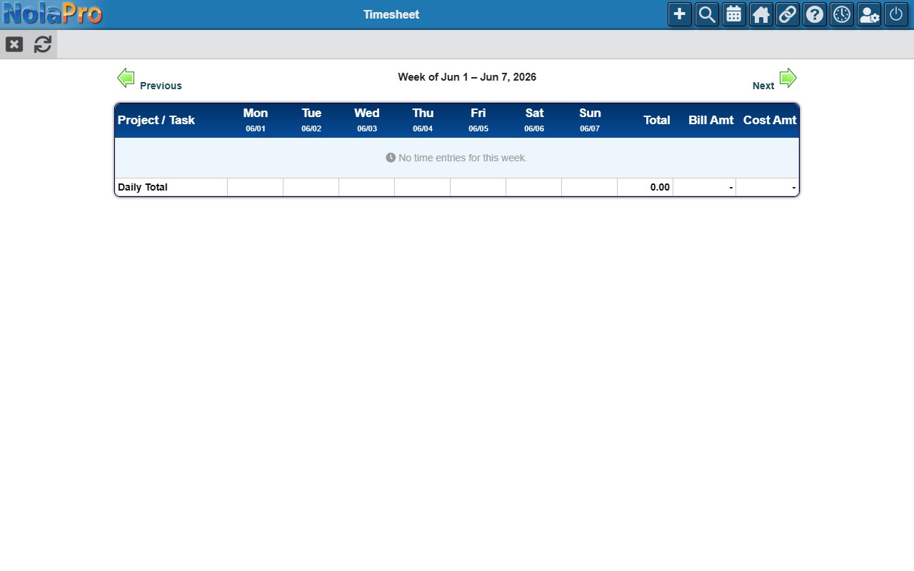 NolaPro weekly timesheet grid showing logged hours by project and task across daily columns