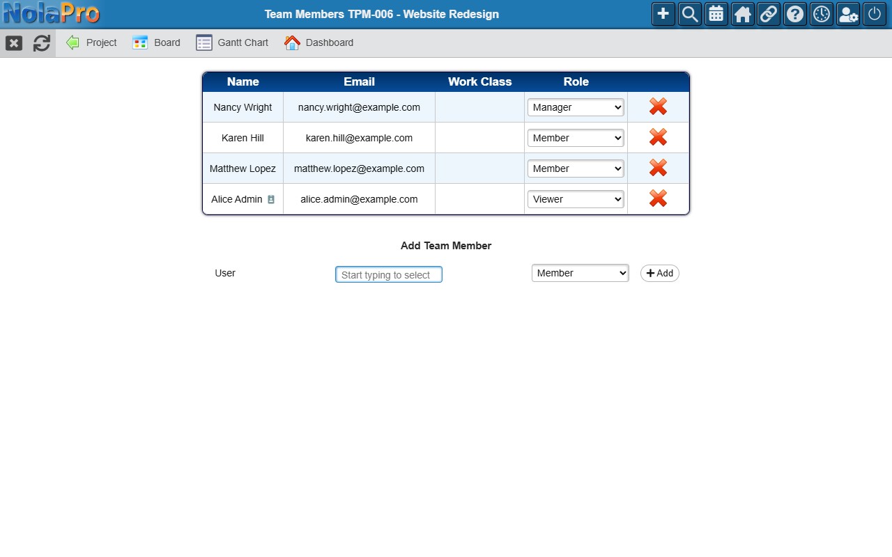NolaPro project team members page showing user names, roles, and role change dropdowns